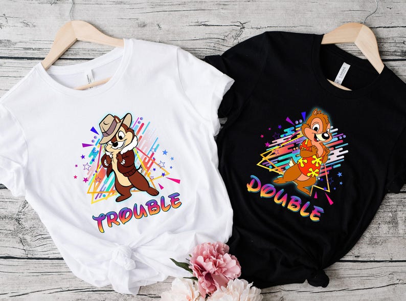 Retro 90s Chip n Dale Double Trouble Shirt, Disney Family Vacation Shirt, Disney Couple Tee, Double Trouble Tee,Disney Chip 'N Dale 80's Tee image 1