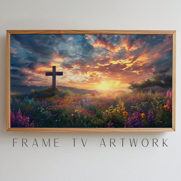 Cross in Meadow Sunrise Frame TV Art Easter, frame tv easter art, samsung frame tv art, spring frame tv art, 4k frame tv, religious tv art