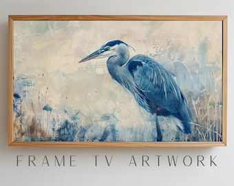 Blauer Reiher-Rahmen TV-Kunst, Samsung-Rahmen-TV-Kunst, 4k-Rahmen-TV-Kunst, Boho-Rahmen-TV-Kunst, TV-Kunstwerk, 4k-TV-Kunst, Küsten-Rahmen-TV-Kunst