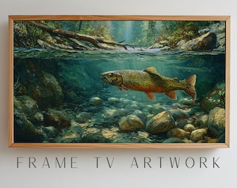 Trout Fishing Frame TV Art – Underwater Fish Painting Digital Download | Rustic Cabin Wall Art for Samsung Frame TV