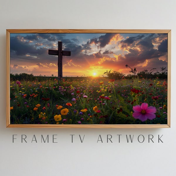 Cross in Meadow Frame TV Art Easter, samsung frame tv art, frame tv easter art, spring frame tv art, 4k frame tv art, religious tv art