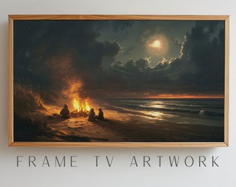 Beach Campfire Frame TV Art, samsung frame tv art, 4k frame tv art, coastal frame tv art, tv art work, 4k tv art, frame tv sea, tv art ocean