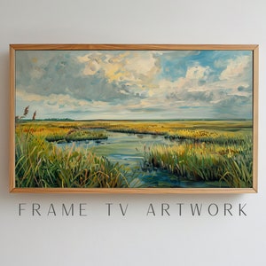 May include: A painting of a marsh landscape with a winding river, green reeds, and a cloudy blue sky. The painting is framed in a light wood frame.