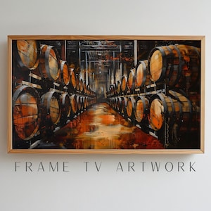 May include: A painting of a long, narrow room filled with wooden barrels stacked high. The barrels are painted in shades of brown, orange, and black, and the room is lit by a single light source in the distance. The painting is framed in a wooden frame.