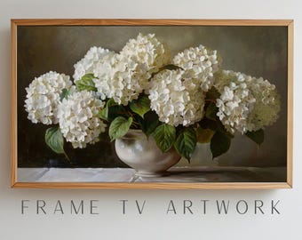 Hydrangeas TV Art, frame tv art white hydrangeas, frame tv art, hydrangea tv art, tv art work, art tv plants, frame tv art flower in vase