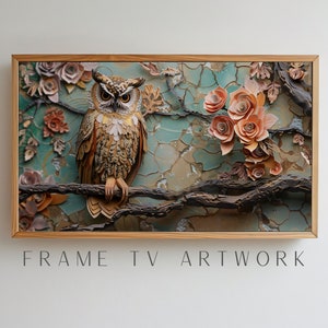 Papier hibou et fleurs cadre TV Art, art tv cadre samsung, art tv cadre 4k, art tv cadre bohème, oeuvre d'art tv, art tv 4k, art tv cadre moderne