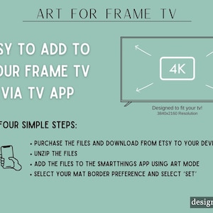 K&ouml;nnte beinhalten: Eine gr&uuml;ne und wei&szlig;e Grafik mit dem Text "Art for Frame TV" und "Easy to add to your Frame TV via TV App". Die Grafik enth&auml;lt auch eine Schwarzwei&szlig;illustration eines Fernsehbildschirms mit dem Text "4K" und "Designed to fit your tv! 3840x2160 Resolution". Die Grafik enth&auml;lt auch eine Liste mit vier Schritten: "Dateien kaufen und von Etsy auf Ihr Ger&auml;t herunterladen", "Dateien entpacken", "Dateien mit der SmartThings-App im Art-Modus hinzuf&uuml;gen" und "Ihre Mattenrandpr&auml;ferenz ausw&auml;hlen und 'Set' ausw&auml;hlen". Die Grafik enth&auml;lt auch den Text "design creek".
