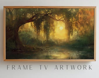 Willow Tree Painting, frame tv art, frame tv art paint, marsh art frame tv, foggy morning frame tv, vintage frame tv art, frame tv art moody