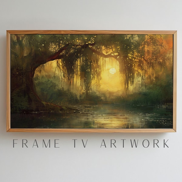 Willow Tree Painting, frame tv art, frame tv art paint, marsh art frame tv, foggy morning frame tv, vintage frame tv art, frame tv art moody