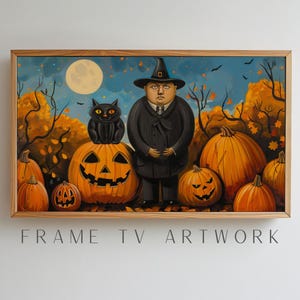 Puede incluir: Una pintura de un hombre con un abrigo y un sombrero negros de pie en un campo de calabazas con un gato negro encima de una calabaza. El hombre tiene una expresión seria en su rostro. Las calabazas son de color naranja y tienen caras talladas. El fondo es un cielo azul oscuro con una luna llena.