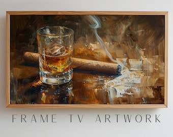 May include: A painting depicting a glass of whisky with ice and a lit cigar resting on a brown wooden surface. The glass is clear and the whisky is amber in colour. The cigar is brown and has a white plume of smoke rising from it. The surface is textured and has a dark brown background.