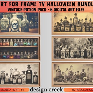 Op de afbeelding: Zes digitale kunstbestanden met vintage drankflesjes in verschillende opstellingen. De afbeeldingen zijn ontworpen om op een tv-scherm te passen en hebben een resolutie van 4K. De kunstbestanden zijn perfect voor Halloween-decoratie.