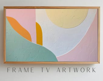 May include: Abstract art painting with a wooden frame. The painting features a mix of pink, yellow, orange, and green colours in a geometric pattern.