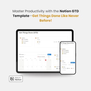 Peut inclure: Une capture d'écran d'un espace de travail Notion montrant un calendrier, une liste de projets et une liste de tâches. L'espace de travail est intitulé "Get Things Done (GTD)" et est conçu pour aider les utilisateurs à gérer efficacement leur temps et leurs tâches. Le texte "Made for Notion" est visible dans le coin inférieur gauche de l'image.
