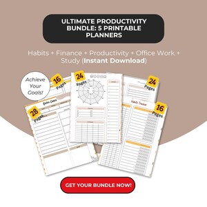 Peut inclure: Un lot de planificateurs de productivité imprimables comprenant cinq planificateurs différents : habitudes, finances, productivité, travail de bureau et études. Chaque planificateur comporte un nombre de pages différent, allant de 16 à 28 pages. Le texte "Obtenez votre lot maintenant !" est affiché sur un bouton rouge.