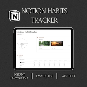 Peut inclure: Une capture d'écran d'une page Notion avec un modèle de suivi des habitudes minimaliste. Le modèle comprend une horloge, une section de routine avec des images d'une scène matinale et d'une scène nocturne, et un suivi des habitudes avec des cases à cocher pour chaque jour de la semaine.
