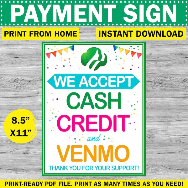 Girl Scout Cookie Booth Payment Accepted Sign | Instant Digital Download Table Booth Poster | Cash Credit Venmo |Printable Troop Table Event