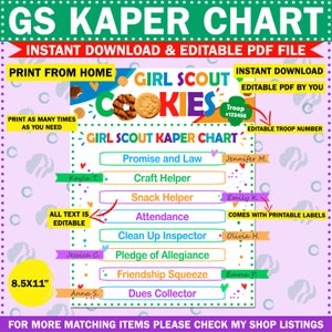 Girl Scout Kaper Chart With Name Labels Printable Troop Leader Meeting Board Weekly Task Tracker ...
