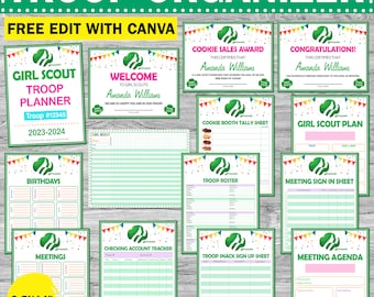 Girl Scout Troop Leader Organizer | Certificate | Attendance Log | Snack Sign Up | Meeting Agenda | Tally Sheet | Plan And Goals | Editable