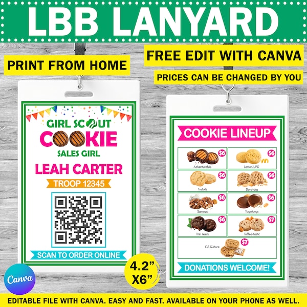 2024 LBB Girl Scout Cookie Menu Lanyard | QR Code | Box Price List | Price Chart | Mini Reference Sale Idea | Printable | Editable | Canva