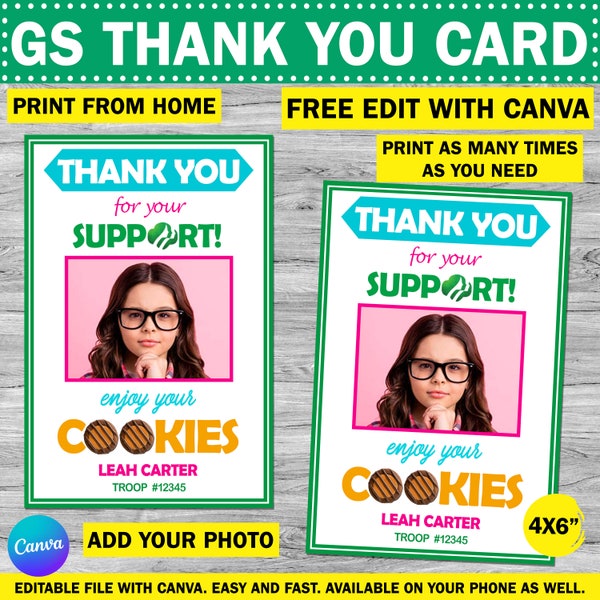 Girl Scout Cookie Thank You Card With Photo | Instant Download Cookie Thank You Card | Digital DIY | Printable | Support | Free Edit | Canva