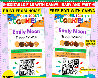 Girl Scout Cookie Business Card | With QR Code Or Photo | Printable | Thank You Card | Troop Leader Organizer |  Free Editable | Canva