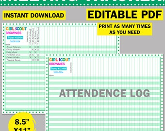 Girls Scout Attendance Sheet | Meeting Tracker | Printable Troop Leader Activity Log | Daisy Brownie | Instant Download | Editable PDF