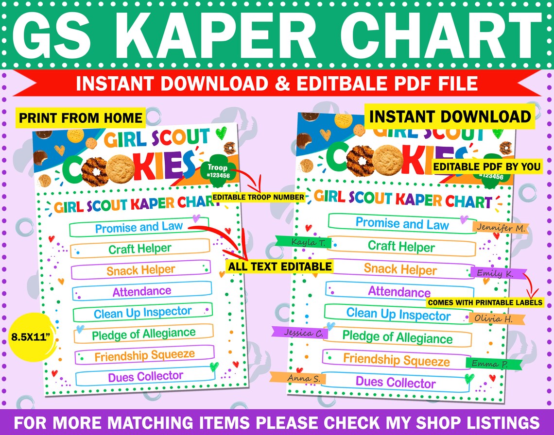 Girl Scout Kaper Chart With Name Labels Printable Troop Leader Meeting Board Weekly Task Tracker ...