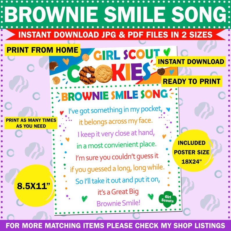 Girl Scout Brownie Smile Song Poster Word Lyric Sign Troop Leader Organizer Wall Art Ready to