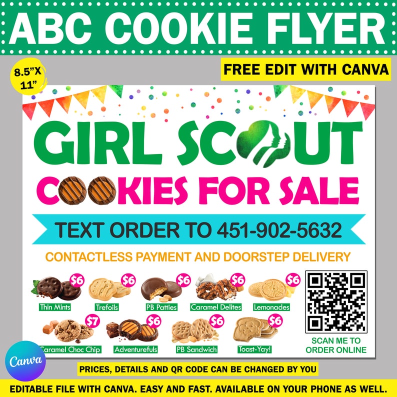 2024 ABC Girl Scout Cookie Flyer With QR Code 8.5x11 Cookie Menu ...