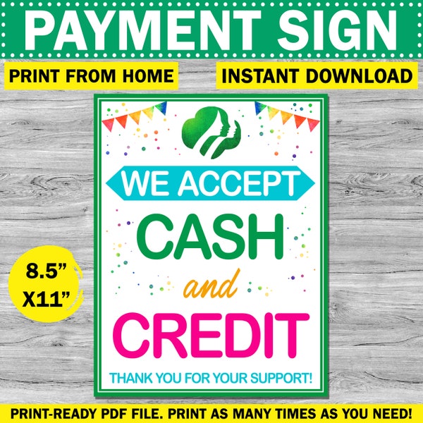 Girl Scout Cookie Booth Payment Accepted Sign | Instant Digital Download Table Booth Poster | Cash Credit | Printable Troop Table Event