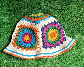 Cappello quadrato della nonna Cappello colorato all'uncinetto, Cappello estivo lavorato a maglia, Cappello in cotone, Cappello vintage, Berretto lavorato a maglia, Cappello boho, Regalo per lei