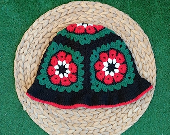 Cappello da pescatore all'uncinetto colorato di Natale, cappello quadrato della nonna, cappello invernale lavorato a maglia, cappello da pescatore in cotone, berretto lavorato a maglia, cappello boho, regalo di Natale per lei