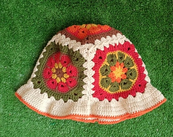 Granny Square Hat Colorful Crochet Bucket Hat, Winter Knit Hat, Cotton Bucket Hat,  Vintage Hat, Knitted Beanie, Boho Hat, Gift For Her