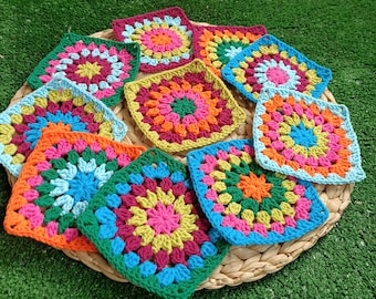 24 Multicolored Granny Square kit, Crocheted Granny Squares, Crochet Kit, Ready Granny Squares, Afghan Granny Square