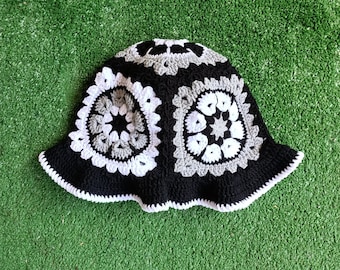 Black & White Granny Square Hat  Crochet Bucket Hat, Winter Knit Hat, Cotton Bucket Hat,  Vintage Hat, Knitted Beanie, Boho Hat For Gift