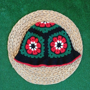 Christmas Color Crochet Bucket Hat, Granny Square Hat, Winter Knit Hat, Cotton Bucket Hat,  Knitted Beanie, Boho Hat, Christmas Gift For Her