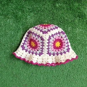Granny Square Hat Colorful Crochet Bucket Hat, Winter Knit Hat, Cotton Bucket Hat,  Vintage Hat, Knitted Beanie, Boho Hat, Gift For Her