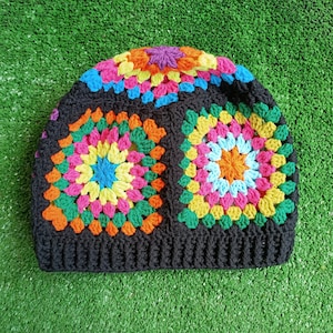 Granny Square Beanie, Crochet Fashion Beanie, Handknit Beanie, Knitted Beret, Unisex Granny Hat, Patchwork Beanie, Boho Beret