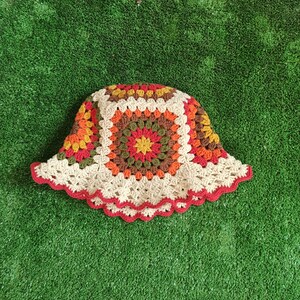 Granny Square Hat Colorful Crochet Bucket Hat, Winter Knit Hat, Cotton Bucket Hat,  Vintage Hat, Knitted Beanie, Boho Hat, Gift For Her