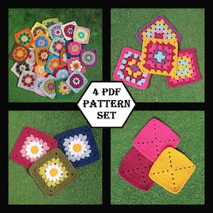 4 Set Crochet Granny Square Pattern, Easy Granny Square Motif , Crochet Afghan Blanket Motif, Cardigan Motif, Crochet DIY Pattern, (4 IN 1)