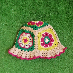 Granny Square Hat Colorful Crochet Bucket Hat, Winter Knit Hat, Cotton Bucket Hat,  Vintage Hat, Knitted Beanie, Sun Hat, Gift For Her