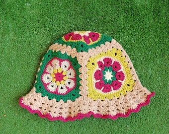 Granny Square Hat Colorful Crochet Bucket Hat, Winter Knit Hat, Cotton Bucket Hat,  Vintage Hat, Knitted Beanie, Sun Hat, Gift For Her