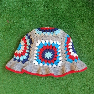 Granny Square Hat Colorful Crochet Bucket Hat, Summer Knit Hat, Cotton Bucket Hat,  Vintage Hat, Knitted Beanie, Boho Hat, Gift For Her
