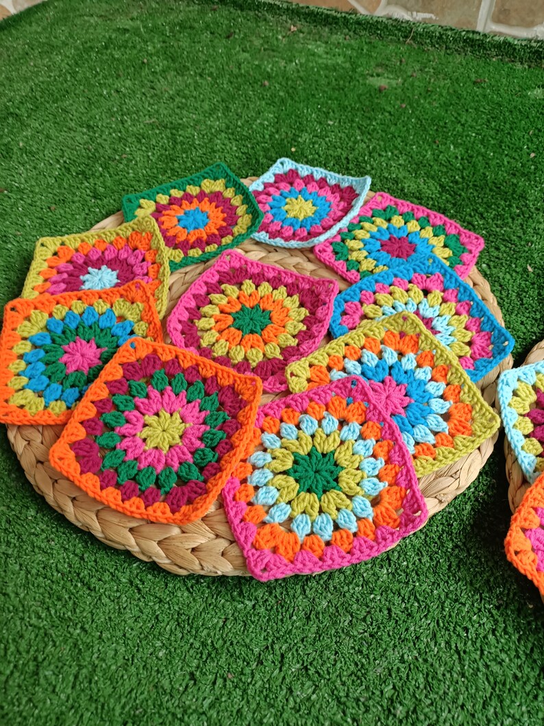 20 Multicolored Granny Square Kit, Crocheted Granny Squares, Crochet