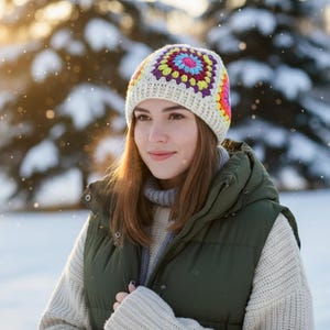 Colorful Granny Square Beanie, Crochet Winter Hat, Handmade Knit Beanie, Retro Patchwork Hat, Warm Boho Ski Cap, Unisex Crochet Beanie