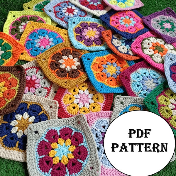 African Flower Crochet Granny Square Pattern, Easy Crochet Motif Pattern, Crochet Afghan Blanket Motif, Crochet Bag Motif, Cardigan Motif
