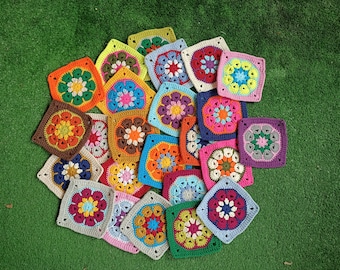 24 African Violet Multicolored Granny Square Set, Crocheted Afgan Granny Squares, Crochet Kit, Ready Granny Squares For Crochet Projects
