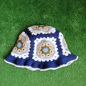 Crochet Bucket Hat, Granny Square Blue Hat, Winter Knit Hat, Cotton Bucket Hat,  Vintage Hat, Knitted Beanie, Boho Hat, Gift For Her