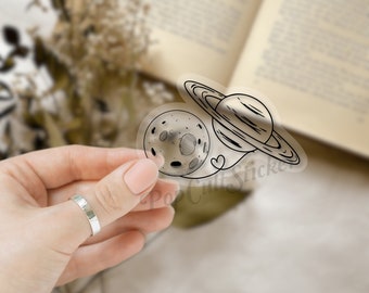 Moon and Saturn Sticker | Love Simple and Aesthetic |  Folk lore| Clear or Waterproof White | E-Reader Waterbottle Laptop Journal Sticker